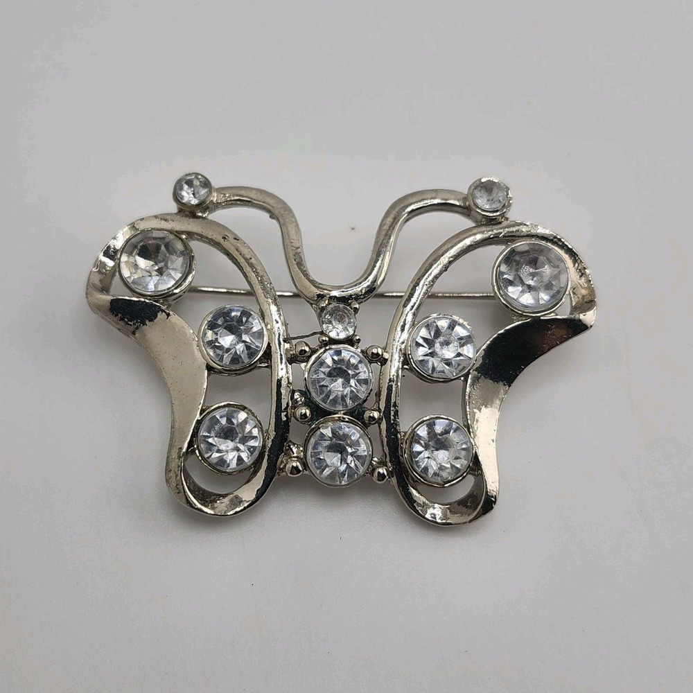 Vintage Silver w/ Crystals Butterfly Brooch Pin